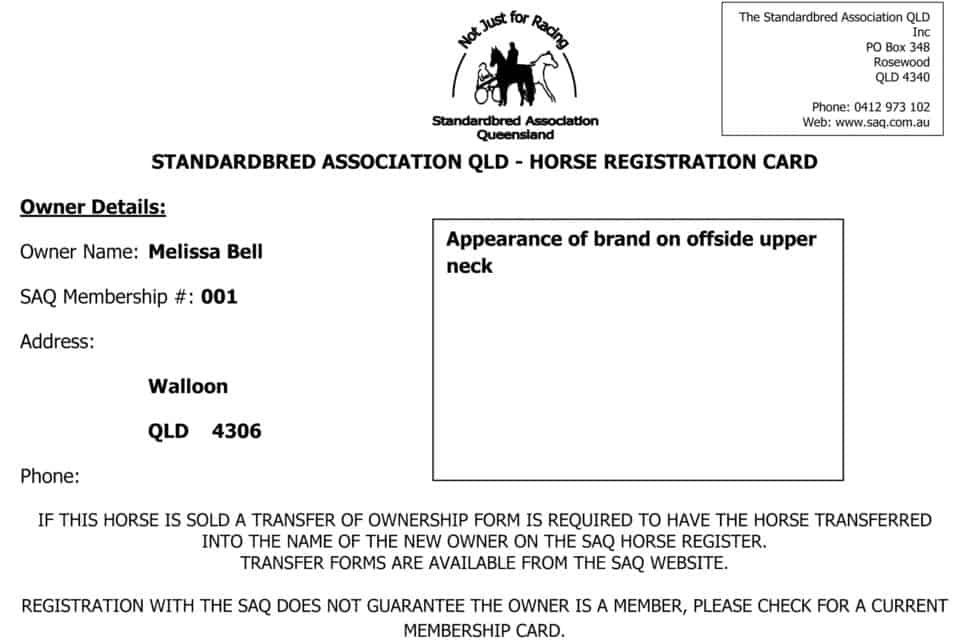 Register a Horse Standardbred Association Queensland