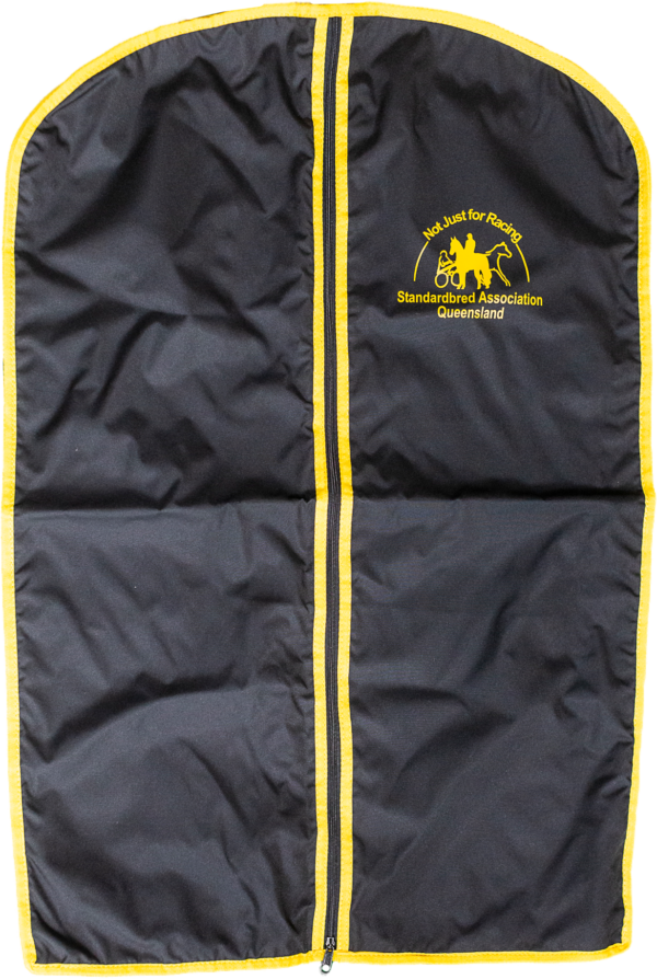 SAQ garment bag. Black with yellow trim and yellow SAQ logo