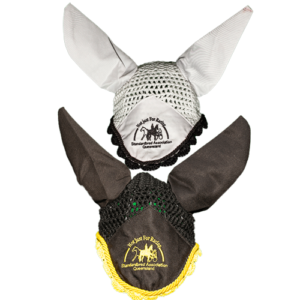 SAQ ear bonnets white with black trim and SAQ logo and black with yellow trim and SAQ logo.