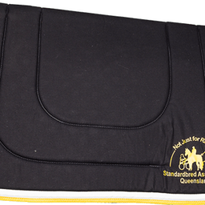 SAQ Saddle pad - rectangular, black with white and yellow trim and yellow SAQ logo