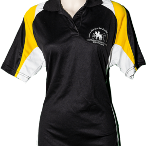 Black short sleeve SAQ polo with yellow and white inserts and white SAQ logo