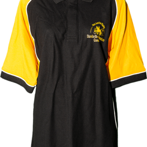 SAQ Polo shirt black with yellow sleeves and yellow SAQ logo