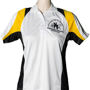 White SAQ short sleeve polo shirt with yellow and black inserts, black logo.